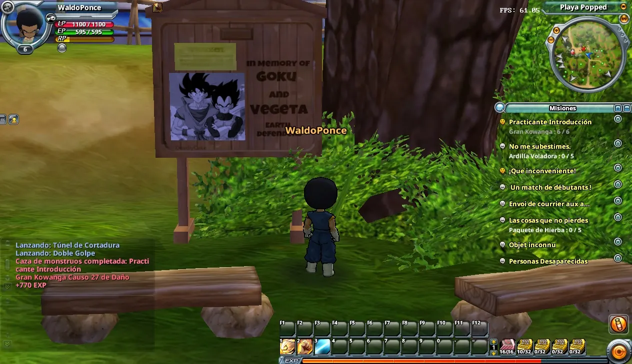 Personaje en el bosque junto al cartel en memoria de Goku y Vegeta